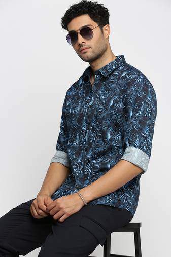 Showoff men's long sleeves abstract blue shirt