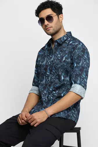 Showoff men's long sleeves abstract blue shirt