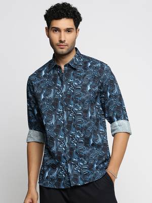 Showoff men's long sleeves abstract blue shirt 2