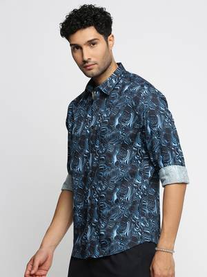 Showoff men's long sleeves abstract blue shirt 3