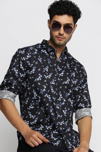 men's long sleeves floral black shirt