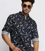 men's long sleeves floral black shirt