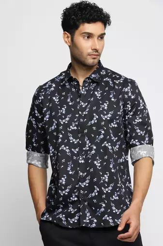 men's long sleeves floral black shirt
