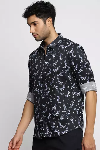 men's long sleeves floral black shirt