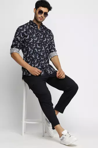 men's long sleeves floral black shirt