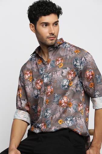 men's long sleeves floral grey shirt