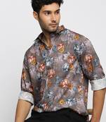 men's long sleeves floral grey shirt