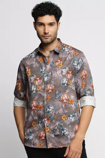 men's long sleeves floral grey shirt