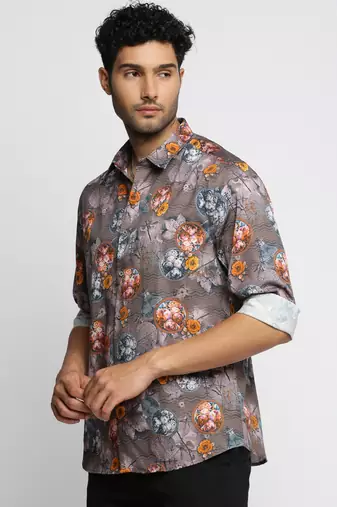 men's long sleeves floral grey shirt