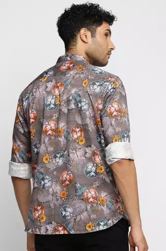 men's long sleeves floral grey shirt