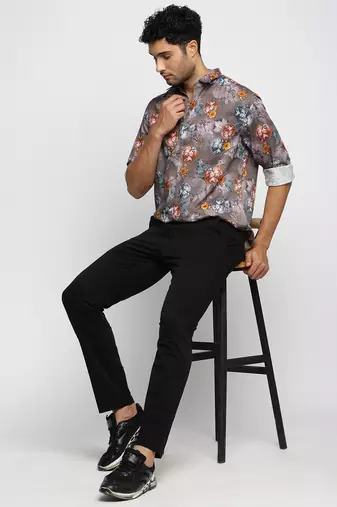 men's long sleeves floral grey shirt