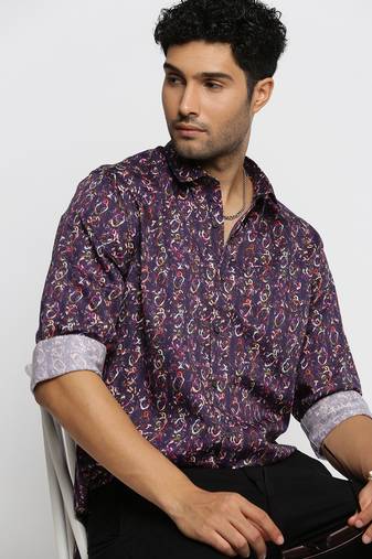 men's long sleeves abstract purple shirt