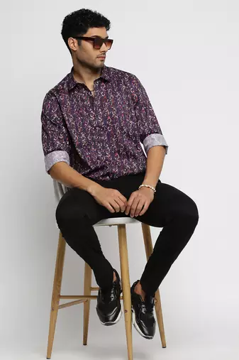 men's long sleeves abstract purple shirt