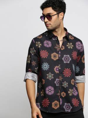 men's long sleeves ethnic motifs black shirt 1