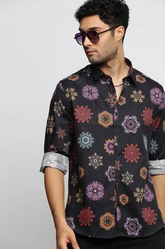 men's long sleeves ethnic motifs black shirt