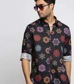 men's long sleeves ethnic motifs black shirt