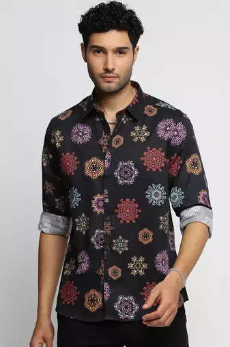 men's long sleeves ethnic motifs black shirt