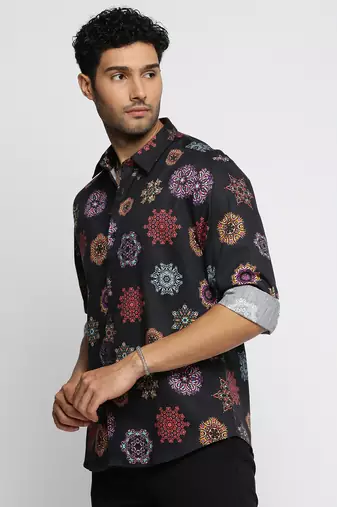 men's long sleeves ethnic motifs black shirt