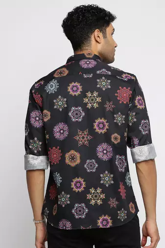 men's long sleeves ethnic motifs black shirt