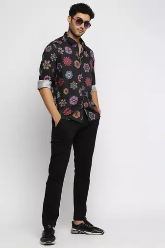 men's long sleeves ethnic motifs black shirt