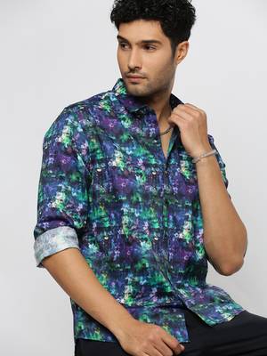 men's long sleeves abstract navy blue shirt 1