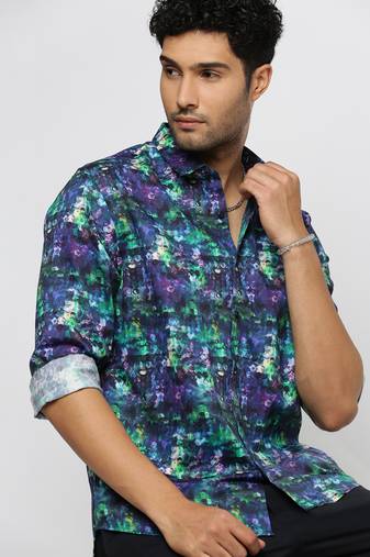men's long sleeves abstract navy blue shirt