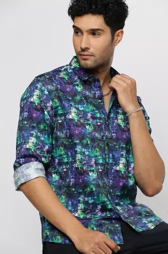 men's long sleeves abstract navy blue shirt