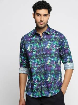 men's long sleeves abstract navy blue shirt 2