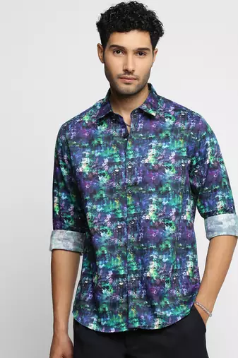 men's long sleeves abstract navy blue shirt