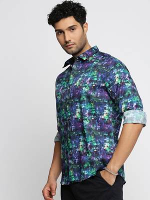 men's long sleeves abstract navy blue shirt 3