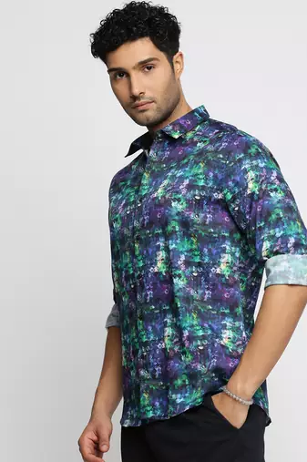 men's long sleeves abstract navy blue shirt