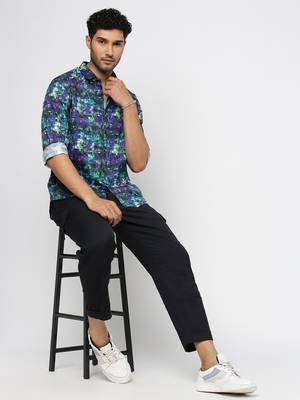 men's long sleeves abstract navy blue shirt 5