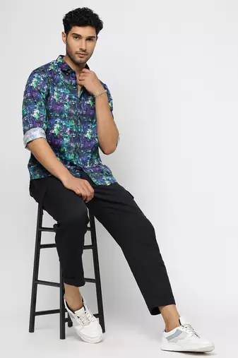 men's long sleeves abstract navy blue shirt