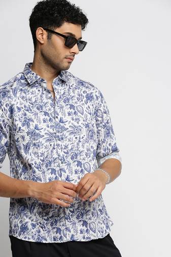 Showoff men's long sleeves floral blue shirt