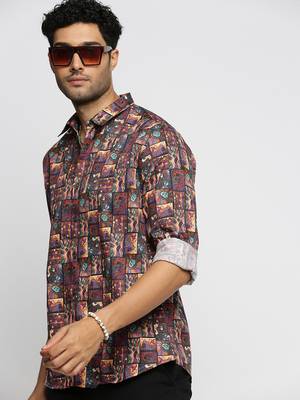 men's long sleeves ethnic motifs brown shirt 1