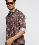 men's long sleeves ethnic motifs brown shirt