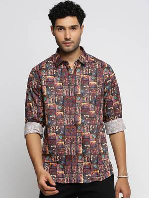 men's long sleeves ethnic motifs brown shirt 2