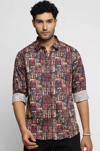 men's long sleeves ethnic motifs brown shirt