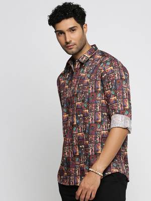 men's long sleeves ethnic motifs brown shirt 3