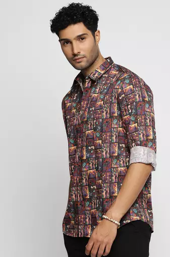 men's long sleeves ethnic motifs brown shirt