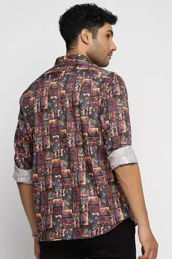 men's long sleeves ethnic motifs brown shirt
