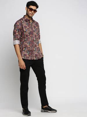men's long sleeves ethnic motifs brown shirt 5