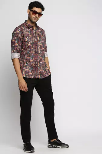 men's long sleeves ethnic motifs brown shirt