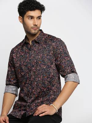 Showoff men's long sleeves floral black shirt 1