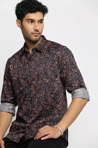 Showoff men's long sleeves floral black shirt
