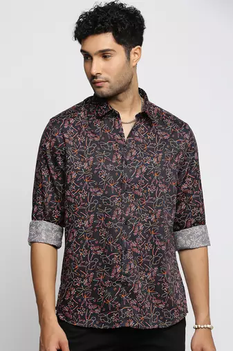Showoff men's long sleeves floral black shirt