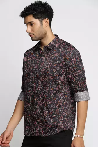 Showoff men's long sleeves floral black shirt