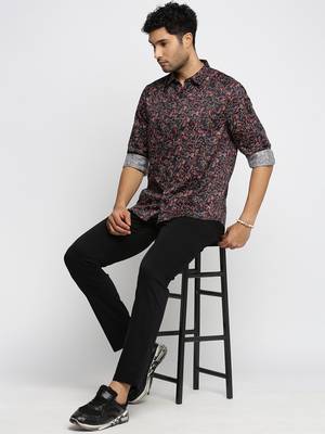 Showoff men's long sleeves floral black shirt 5