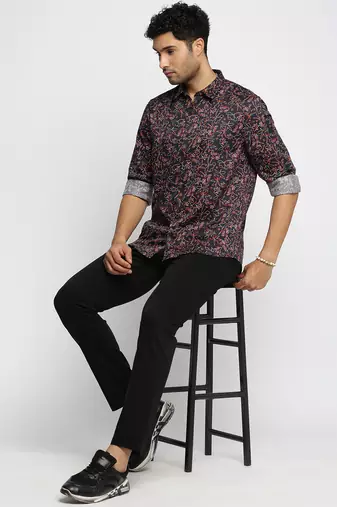 Showoff men's long sleeves floral black shirt