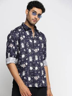 men's long sleeves floral navy blue shirt 1